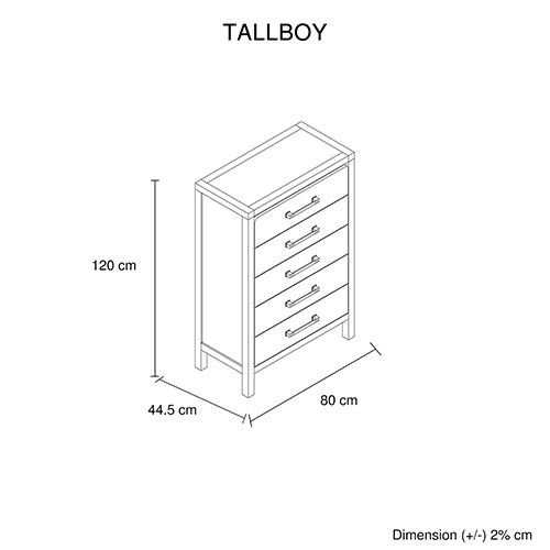 Natural Timber Look Tallboy with 5 Spacious Drawers