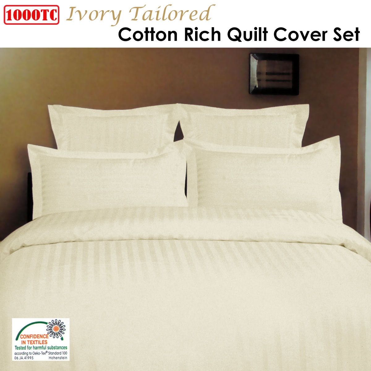 Audreamy 1000TC Self Striped Tailored Quilt Cover Set Ivory King