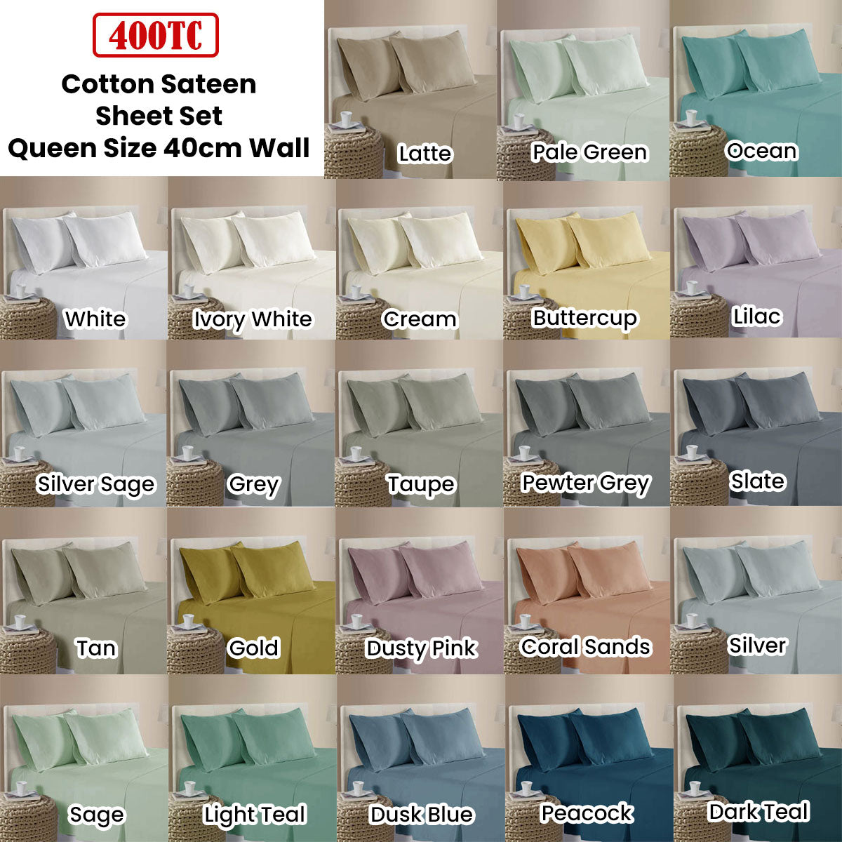 400TC 100% Cotton Sateen Premium Sheet Set 40cm Wall Sage Queen