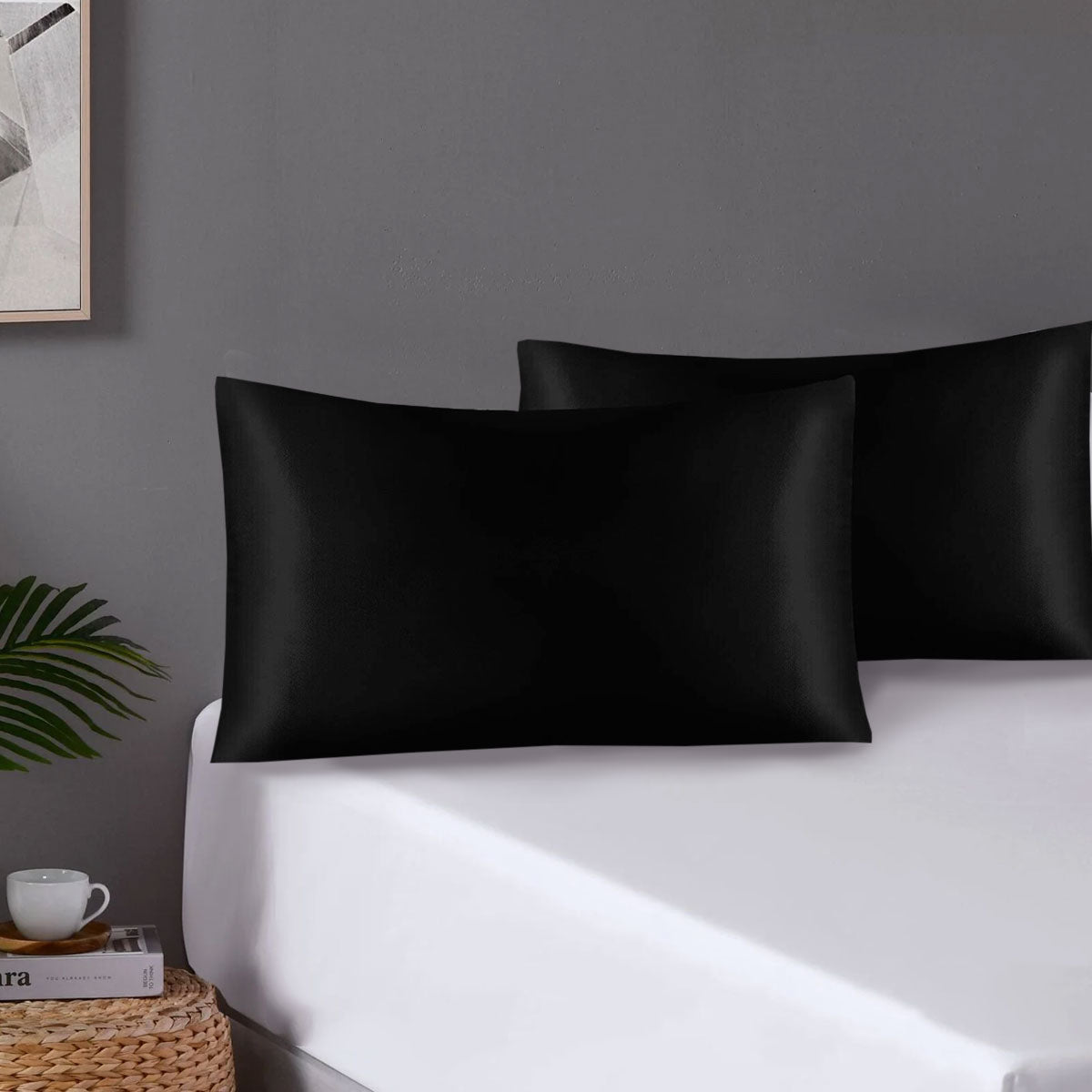 Pair of Standard Satin Silk Feel Pillowcases with Envelope Closure 51 x 76 cm Black