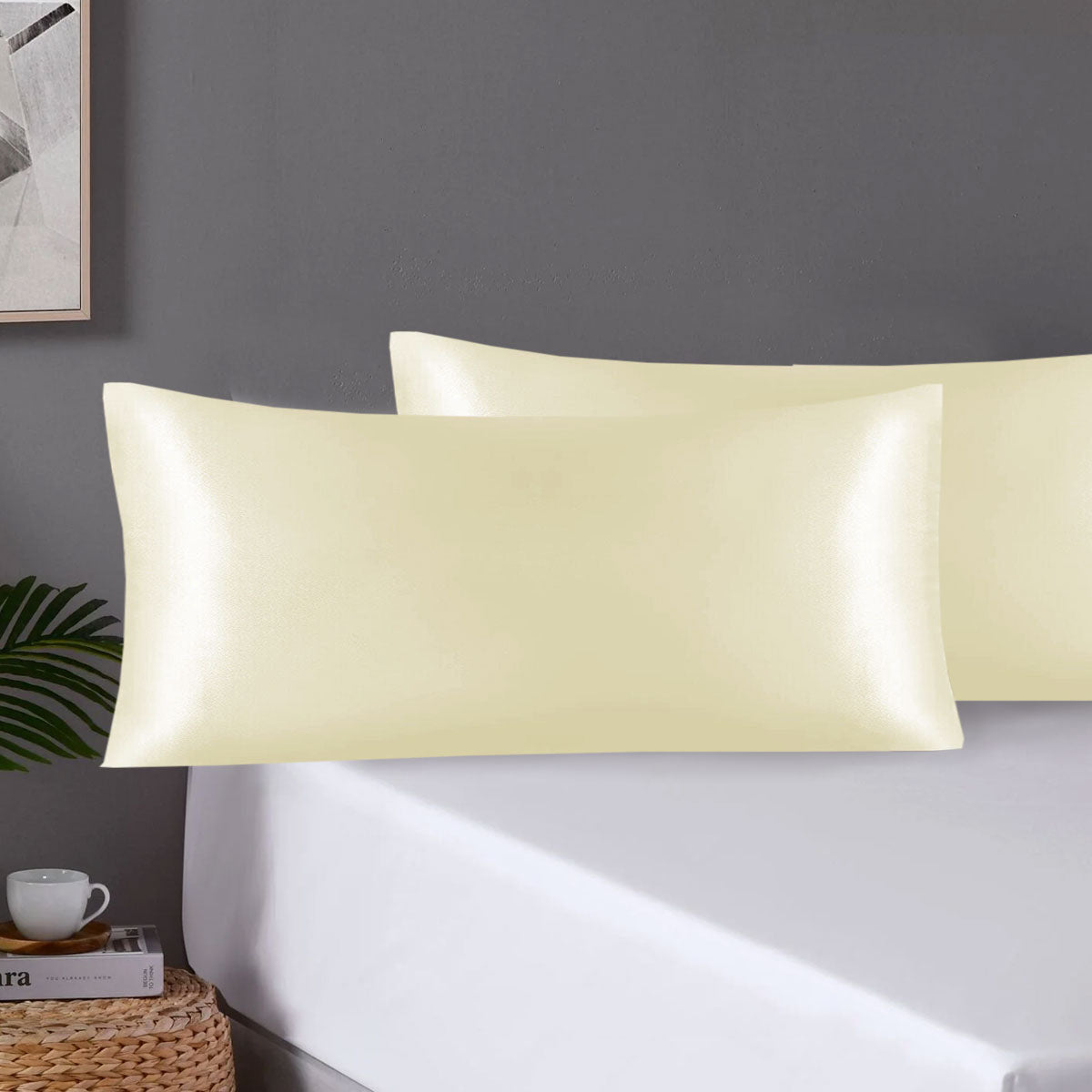 Pair of King Satin Silk Feel Pillowcases with Envelope Closure 51 x 102 cm Ivory