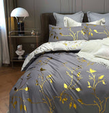 Reversible Design Leaves Grey Super King Size Bed Quilt/Duvet Cover Set
