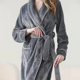 Flannel Bathrobe Set Autumn Winter Coral Fleece Nightgown for Men and Women Warm - Grey
