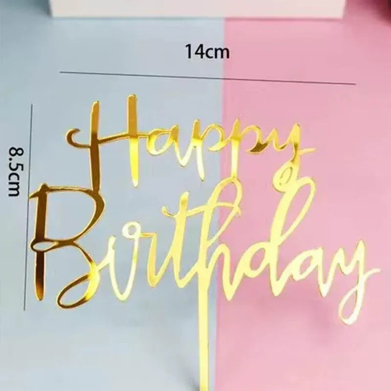 Happy Birthday Acrylic Cake Topper Cake Decoration Golden Silver Party - Red-Heart