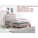 King Single Linen Fabric Bed Frame Beige
