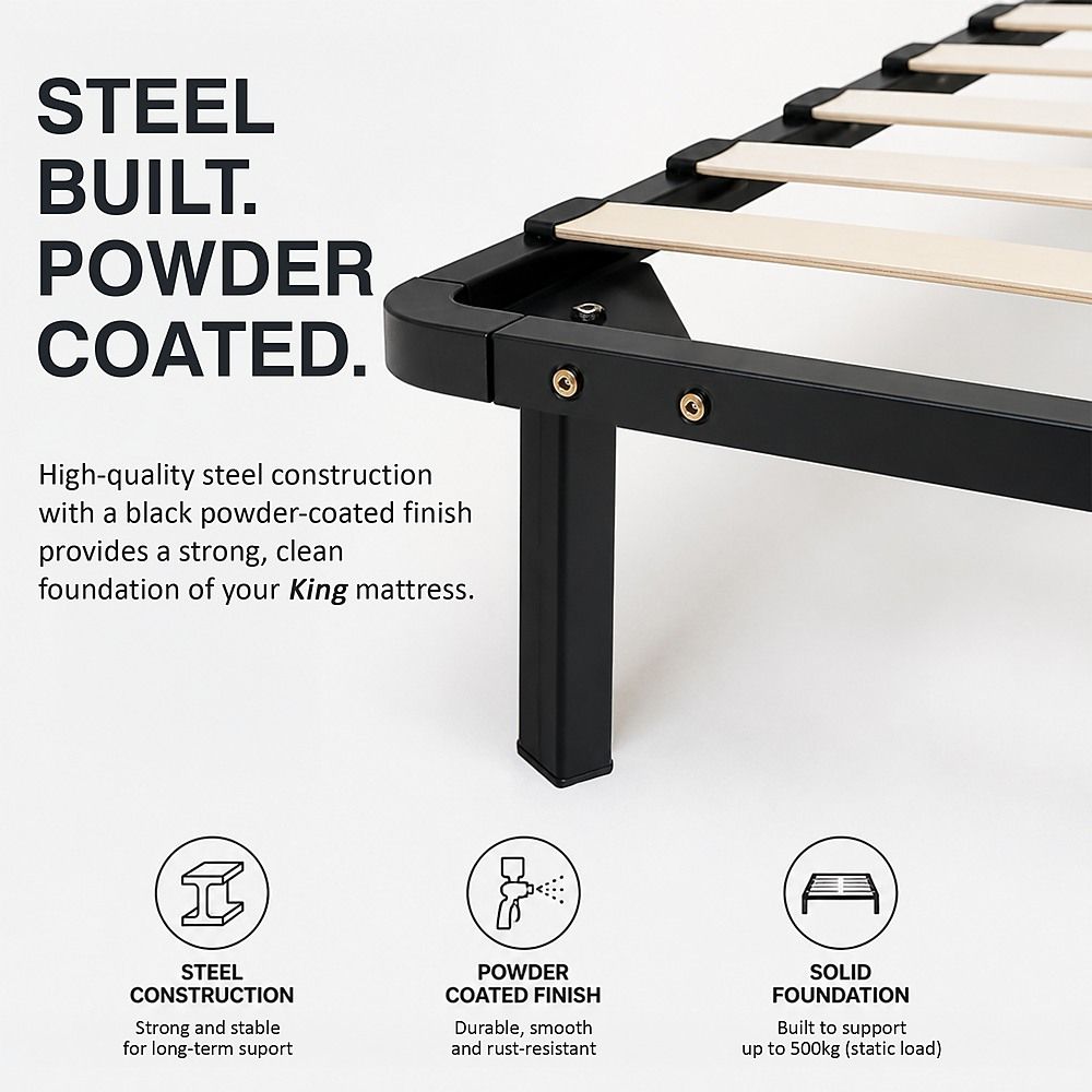 Metal Bed Frame for King Mattress – Black Powder-Coated Steel Base