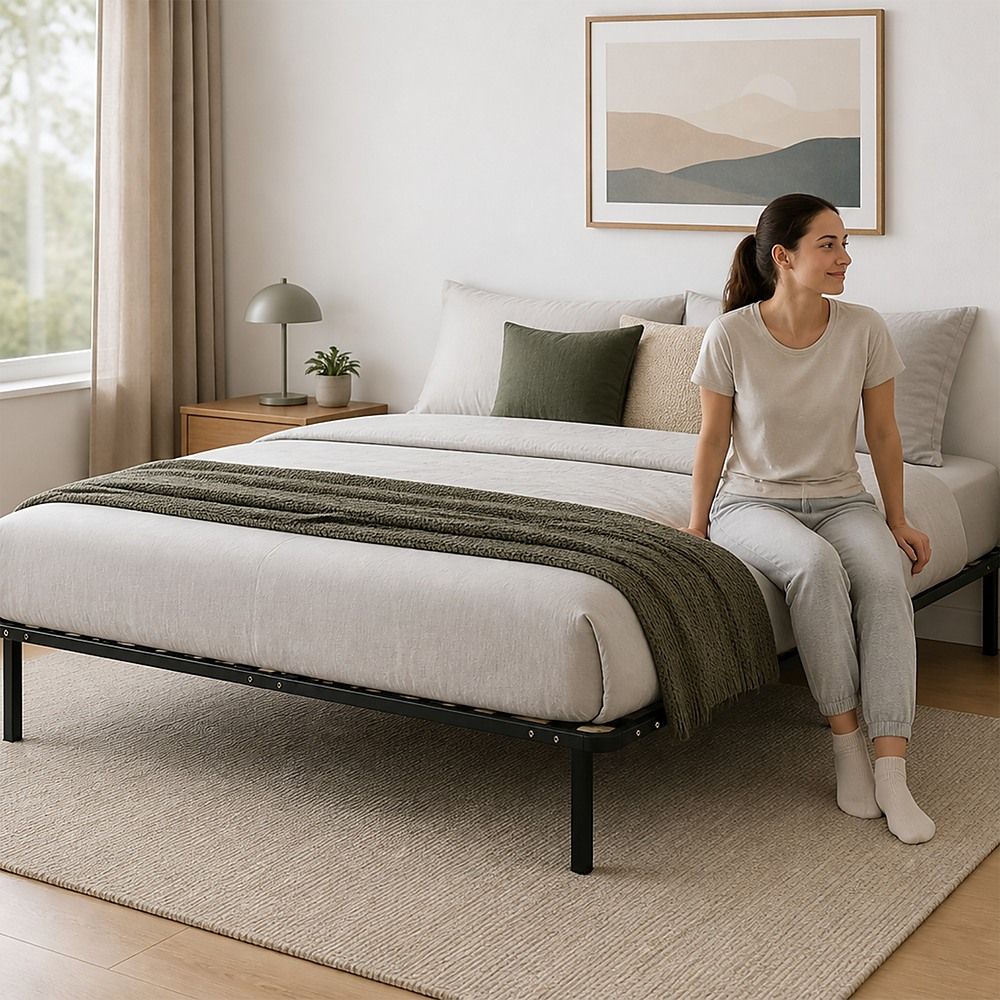 Metal Bed Frame for Queen Mattress – Black Powder-Coated Steel Base