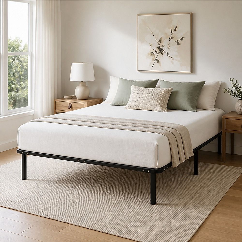 Metal Bed Frame for Queen Mattress – Black Powder-Coated Steel Base