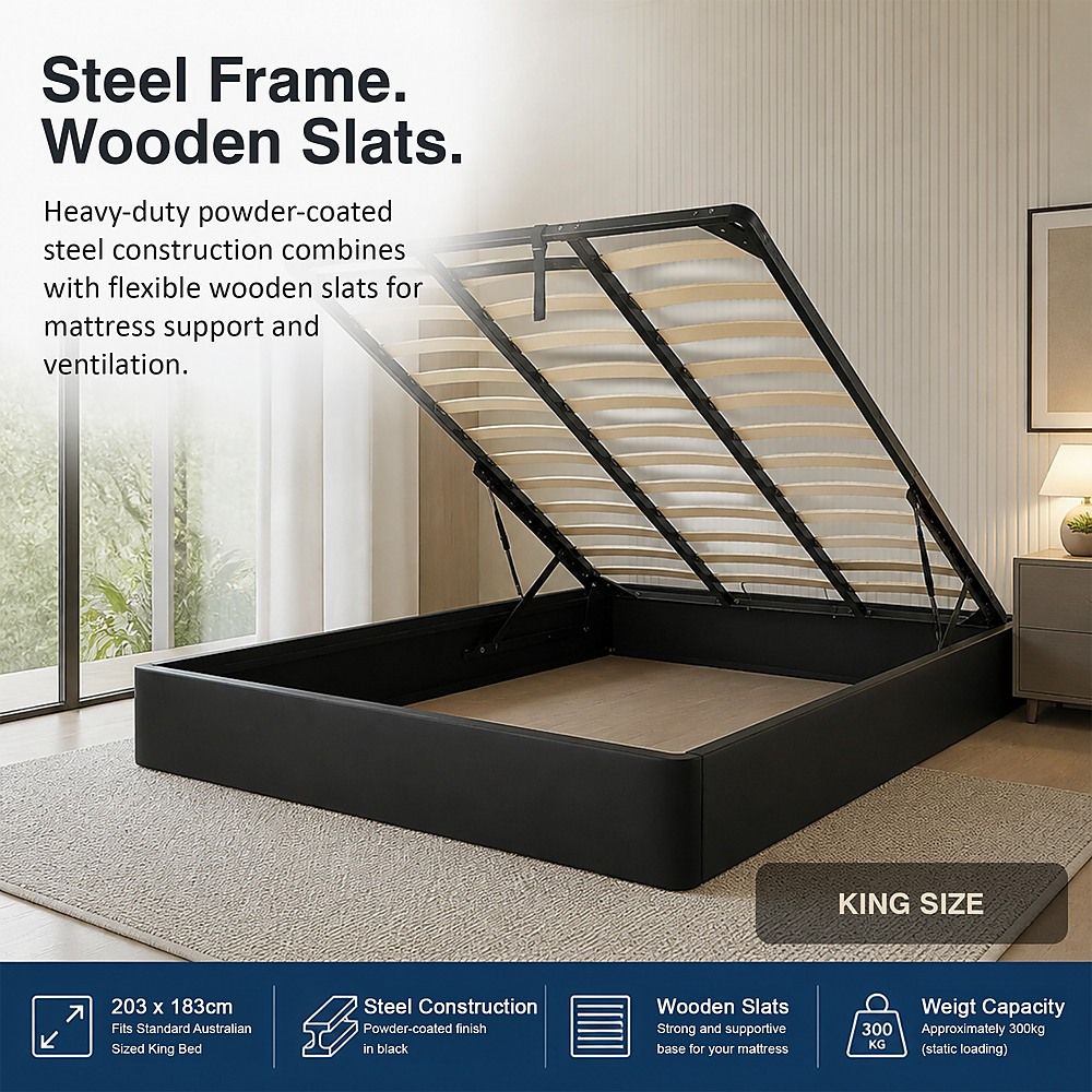 Gas Lift Bed Mechanism – King Bed Frame with Wooden Slats