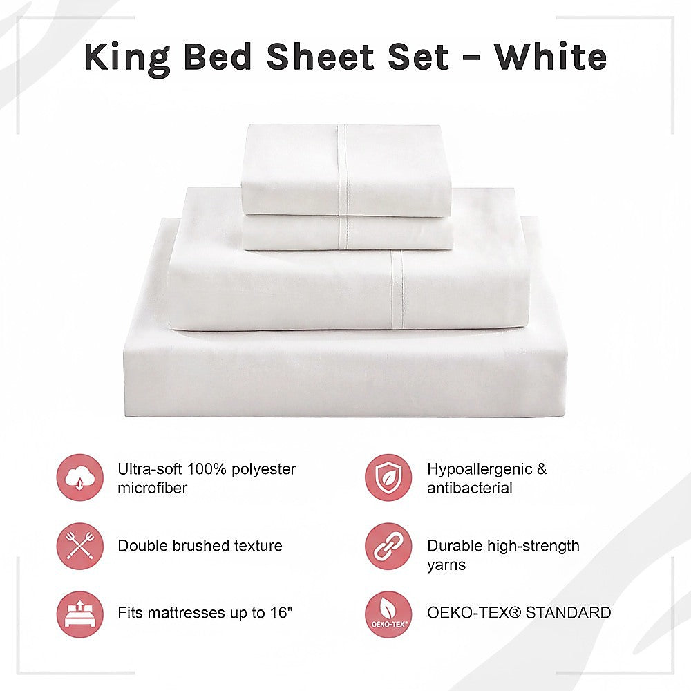 King Bed Sheet Set – 1800 Series Microfiber, Deep Pocket, Soft & Breathable, White