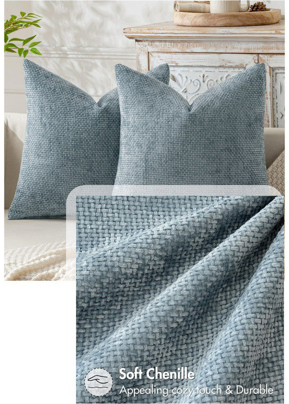Dark Green Plush Chenille Cushion Covers Set of 2 - Soft Textured Decorative Throw Pillow Cases for Sofa Couch, 45x45cm
