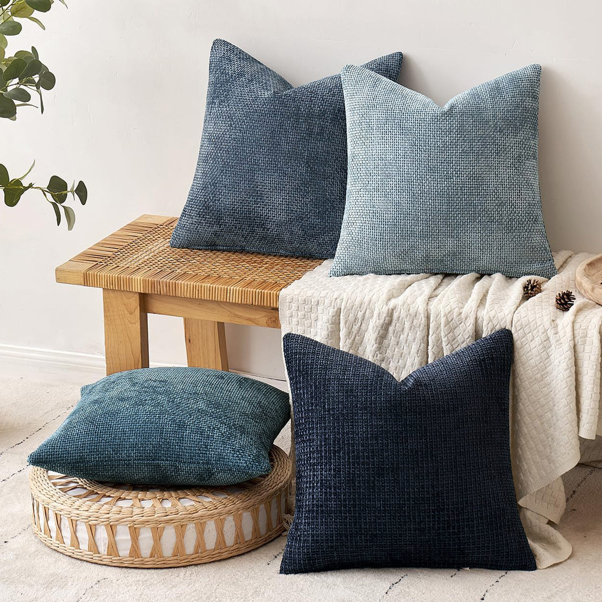 Light Blue Plush Chenille Cushion Covers Set of 2 - Soft Textured Decorative Throw Pillow Cases for Sofa Couch, 45x45cm