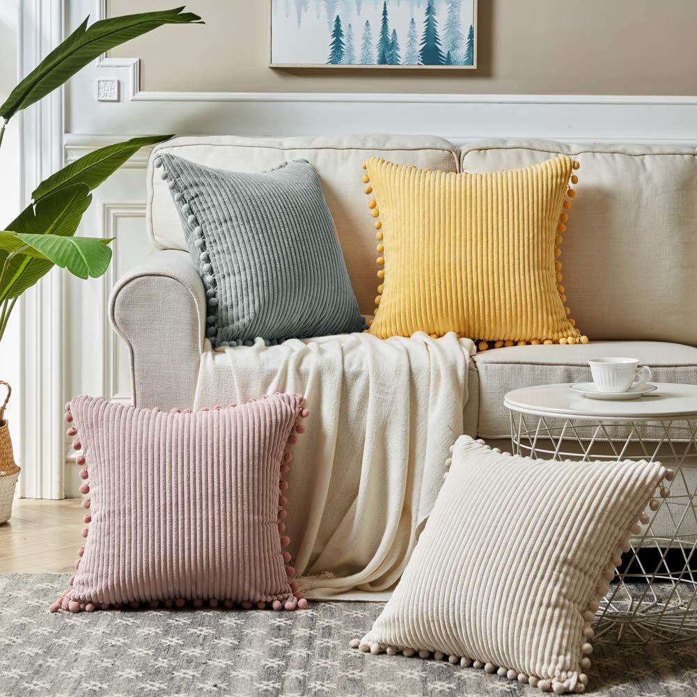 Light Grey Soft Corduroy Cushion Cover Set (1 Square + 1 Rectangular) with Pom Pom Trim - Decorative Throw Pillow Cases for Sofa Couch