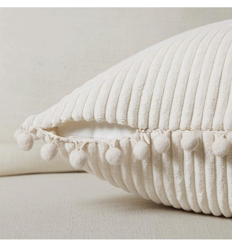Light Grey Soft Corduroy Cushion Cover Set (1 Square + 1 Rectangular) with Pom Pom Trim - Decorative Throw Pillow Cases for Sofa Couch