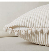 Beige Soft Corduroy Cushion Cover Set (1 Square + 1 Rectangular) with Pom Pom Trim - Decorative Throw Pillow Cases for Sofa Couch