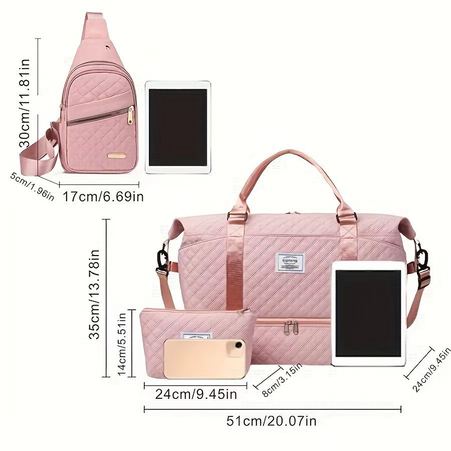 White Chic 3-Piece Quilted Travel Bag Set - Duffel, Crossbody Sling & Toiletry Pouch - Large Capacity & Lightweight