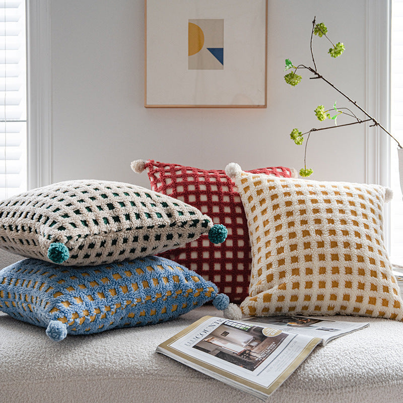 Blue and Yellow 3D Checkered Cushion Cover with Pom Poms - Soft Decorative Pillow Case for Sofa & Living Room (45x45cm, Cover Only)
