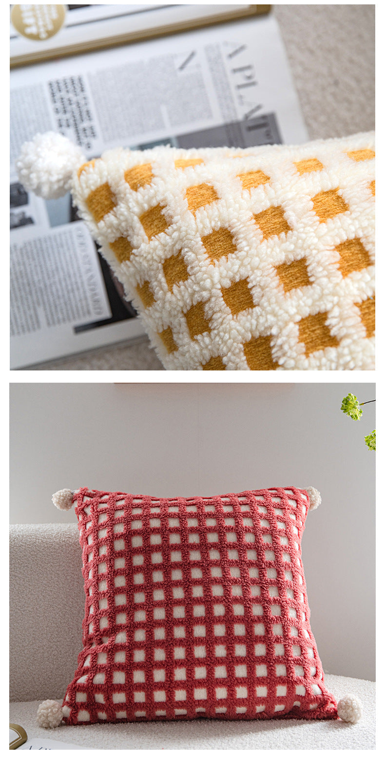 Blue and Yellow 3D Checkered Cushion Cover with Pom Poms - Soft Decorative Pillow Case for Sofa & Living Room (45x45cm, Cover Only)