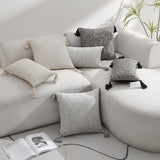 Beige Chic Geometric Jacquard Cushion Covers with Tassels - Set of 2, Plush Blend for Sofa & Bed Decor (45x45cm, Insert Not Included)