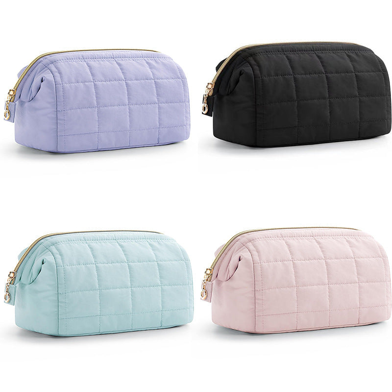 Pink Chic Quilted Puffer Makeup Bag - Large Capacity Travel Cosmetic Organizer with Wide Opening