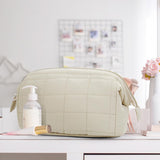 Beige Chic Quilted Puffer Makeup Bag - Large Capacity Travel Cosmetic Organizer with Wide Opening