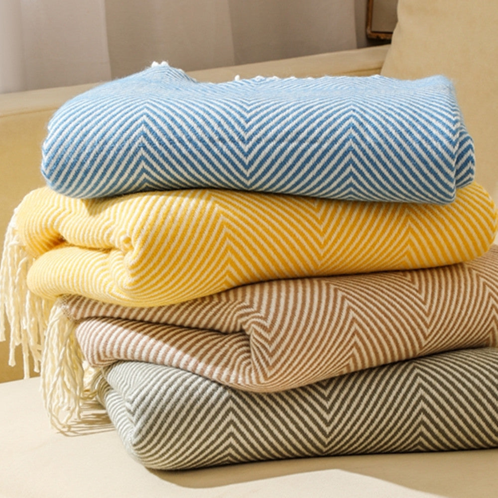 Khaki Elegant Herringbone Tassel Throw Blanket - Large Acrylic Faux Cashmere Soft Cozy Blanket for Sofa, Bed & Decor (130x240cm)