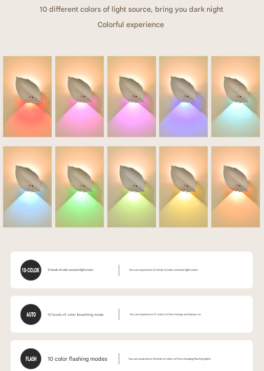White RGB Color-Changing Leaf LED Night Light - Wireless Motion Sensor Wall Lamp with Remote Control for Ambiance Lighting