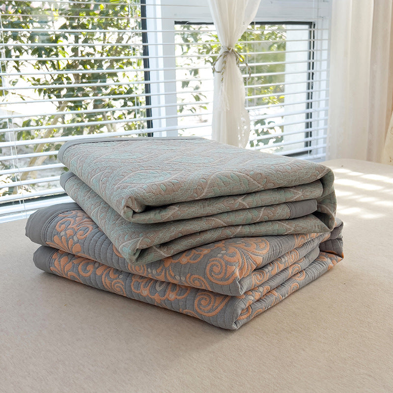Grey and Green Cotton Three-Layer Gauze Bed Cover Set - Reversible Vintage Printed Blanket with Two Pillowcases for Year-Round Use(200*230cm)