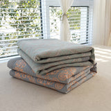 Grey and Green Cotton Three-Layer Gauze Bed Cover Set - Reversible Vintage Printed Blanket with Two Pillowcases for Year-Round Use(200*230cm)