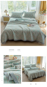 Grey and Green Cotton Three-Layer Gauze Bed Cover Set - Reversible Vintage Printed Blanket with Two Pillowcases for Year-Round Use(200*230cm)