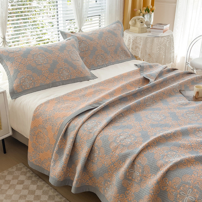 Grey and Pink Cotton Three-Layer Gauze Bed Cover Set - Reversible Vintage Printed Blanket with Two Pillowcases for Year-Round Use(120*150cm)