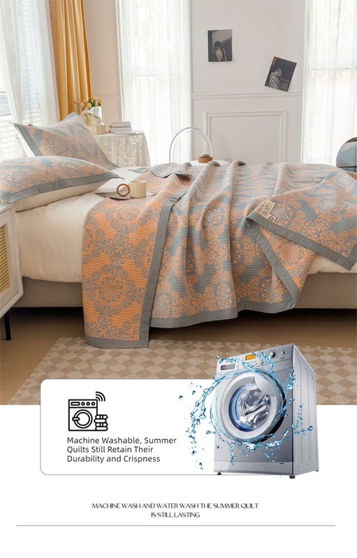 Grey and Pink Cotton Three-Layer Gauze Bed Cover Set - Reversible Vintage Printed Blanket with Two Pillowcases for Year-Round Use(150*200cm)