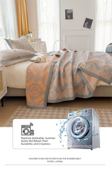 Grey and Pink Cotton Three-Layer Gauze Bed Cover Set - Reversible Vintage Printed Blanket with Two Pillowcases for Year-Round Use(150*200cm)