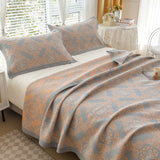 Grey and Pink Cotton Three-Layer Gauze Bed Cover Set - Reversible Vintage Printed Blanket with Two Pillowcases for Year-Round Use(200*230cm)