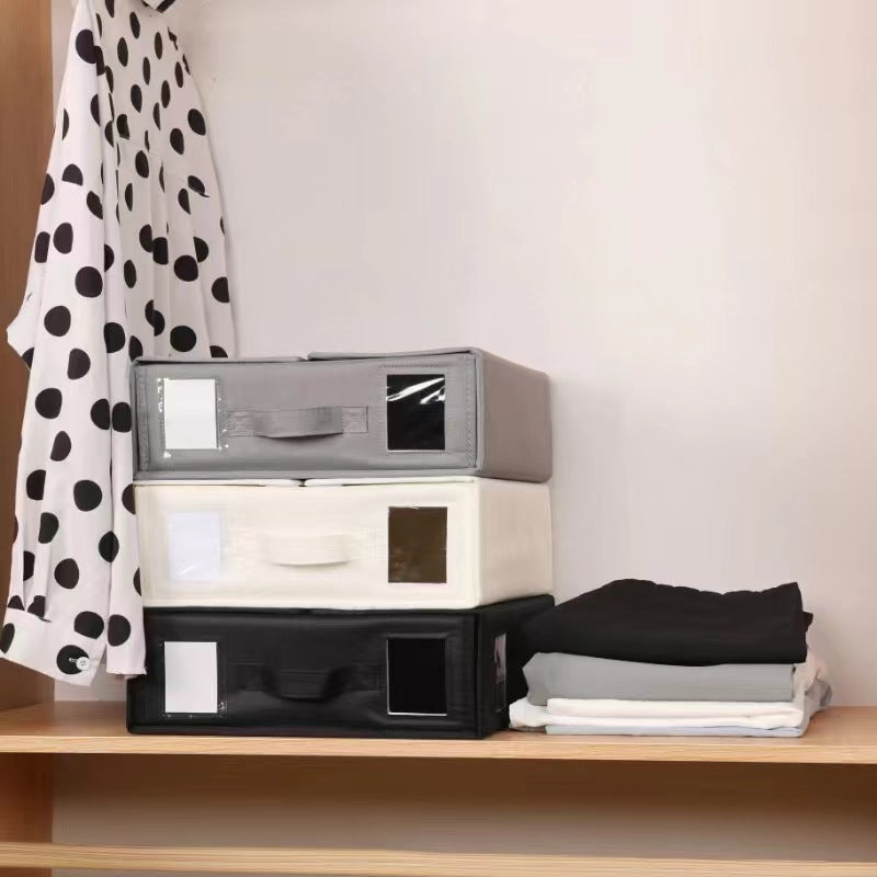 Grey Foldable Oxford Fabric Storage Box with Clear Window – Large Capacity Organizer for Bedding, Clothes & More | Collapsible Design with Handle and Labeling Space