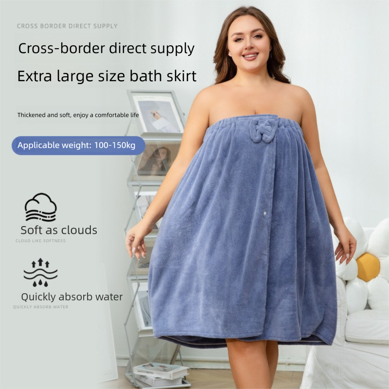 Blue Plus Size Bath Wrap Dress with Adjustable Elastic Waist and Bow Detail – Soft Absorbent Towel Robe for Post-Shower Comfort