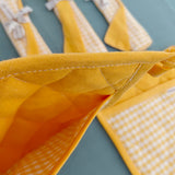 3-Piece Yellow Gingham Cotton Kitchen Linen Set - Reversible Placemat, Fringed Napkin & Quilted Pot Holder - Yarn Dyed Checkered Dining Bundle