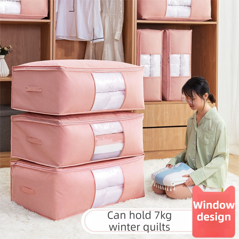 2-Pack Grey Large Quilt & Clothes Storage Bag (63X43X22CM) - Breathable Wardrobe Organizer with Clear Window & Double Zippers