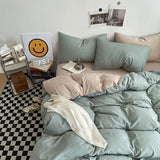 Matcha khaki Washed Cotton Bedding Set - Solid Color Fitted Sheet Style, 4-Piece Set for 1.8m Bed, Includes 10 Random Color Quilt Fasteners
