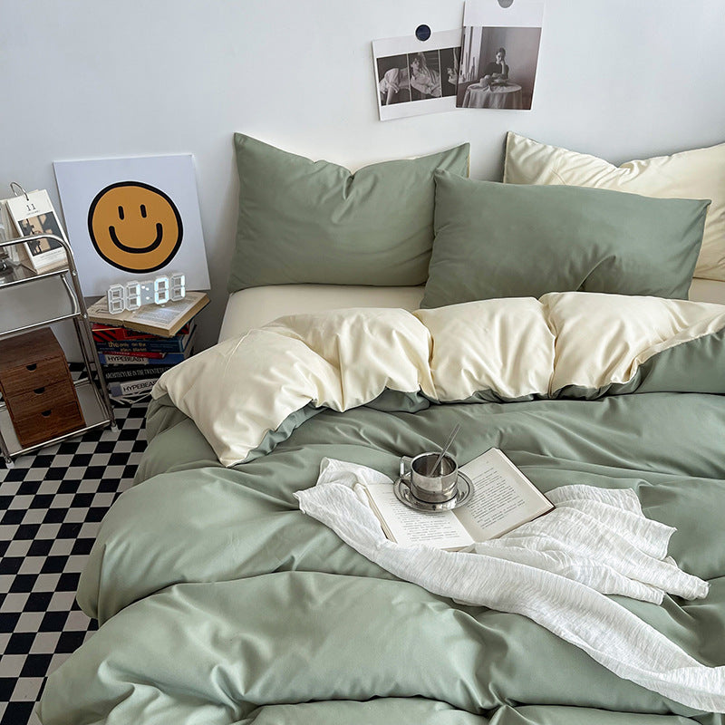 Matcha Cheese Washed Cotton Bedding Set - Solid Color Fitted Sheet Style, 4-Piece Set for 1.8m Bed, Includes 10 Random Color Quilt Fasteners
