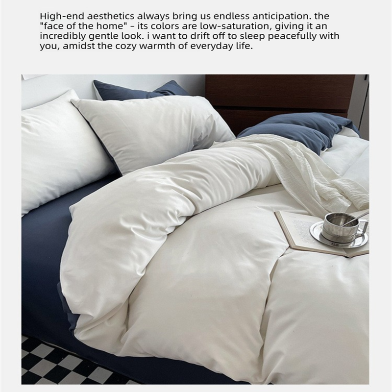 Hazy Blue Washed Cotton Bedding Set - Solid Color Fitted Sheet Style, 4-Piece Set for 1.8m Bed, Includes 10 Random Color Quilt Fasteners