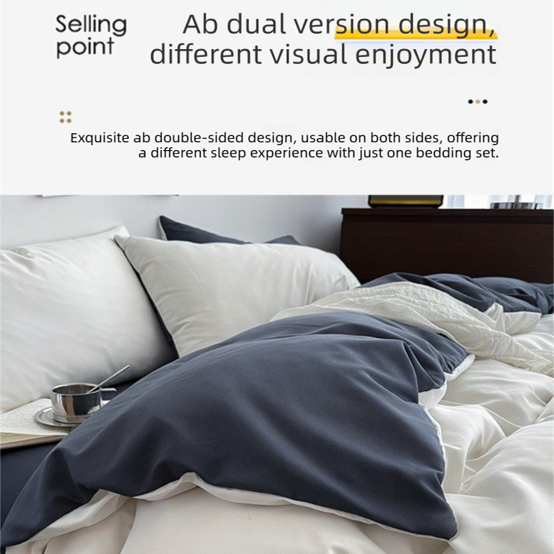 Light yellow and light gray Washed Cotton Bedding Set - Solid Color Fitted Sheet Style, 4-Piece Set for 1.8m Bed, Includes 10 Random Color Quilt Fasteners