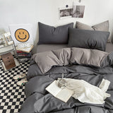 Dark gray and light gray Washed Cotton Bedding Set - Solid Color Fitted Sheet Style, 4-Piece Set for 1.5m Bed, Includes 10 Random Color Quilt Fasteners