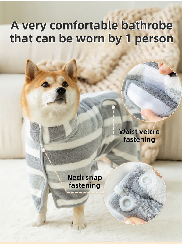 Grey Stripes Super Absorbent Pet Bathrobe with Waist Belt & Neck Snap - Full Coverage Quick-Drying Towel for Dogs & Cats (XL Size)