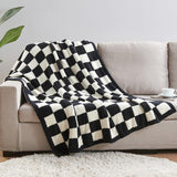 Black and White Premium Knitted Checkerboard Throw Blanket(130 x 150 CM) - Soft Half-Velvet Fleece Nap Blanket, Couch Throw & Office Decorative Wrap