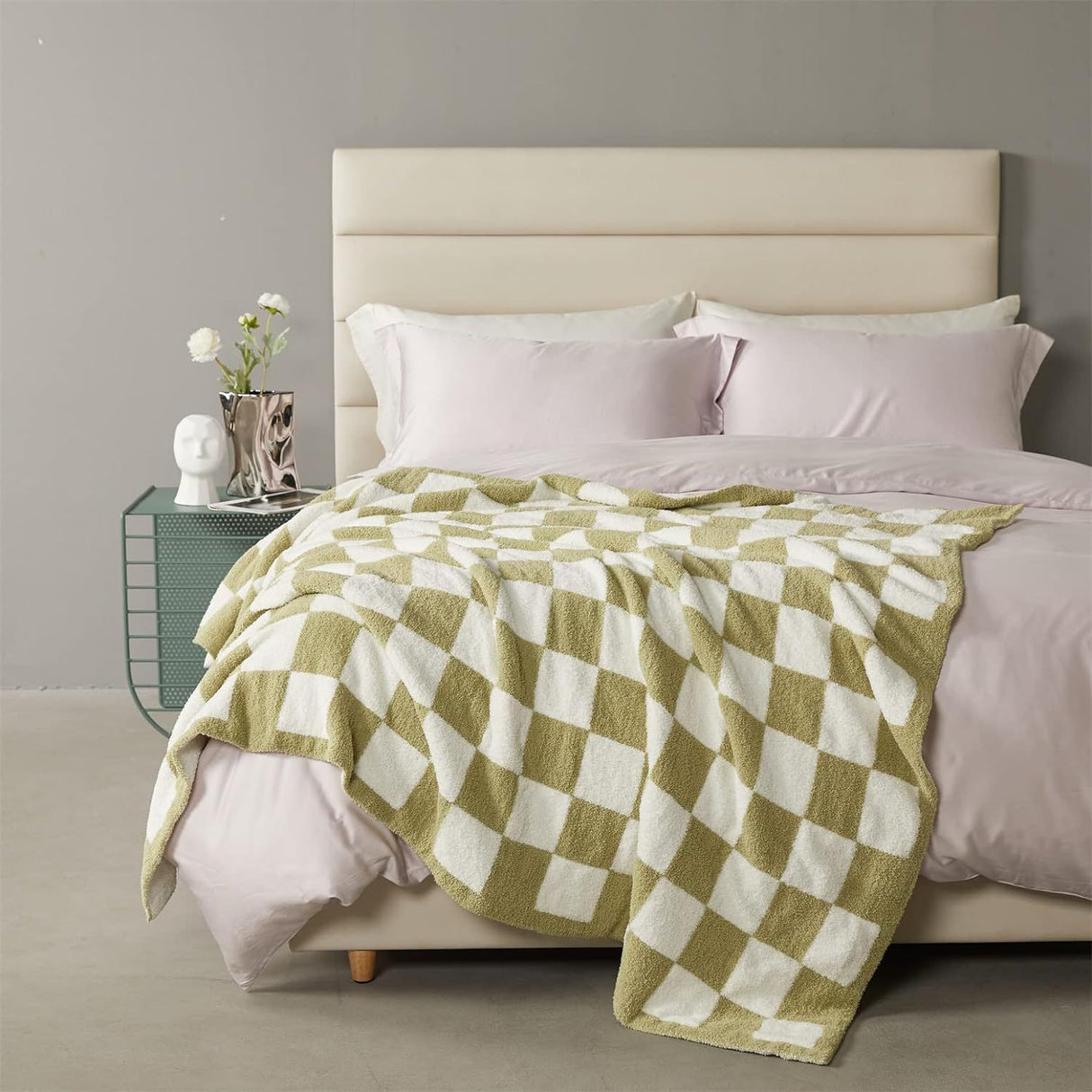 Khaki and White Premium Knitted Checkerboard Throw Blanket(130 x 150 CM) - Soft Half-Velvet Fleece Nap Blanket, Couch Throw & Office Decorative Wrap