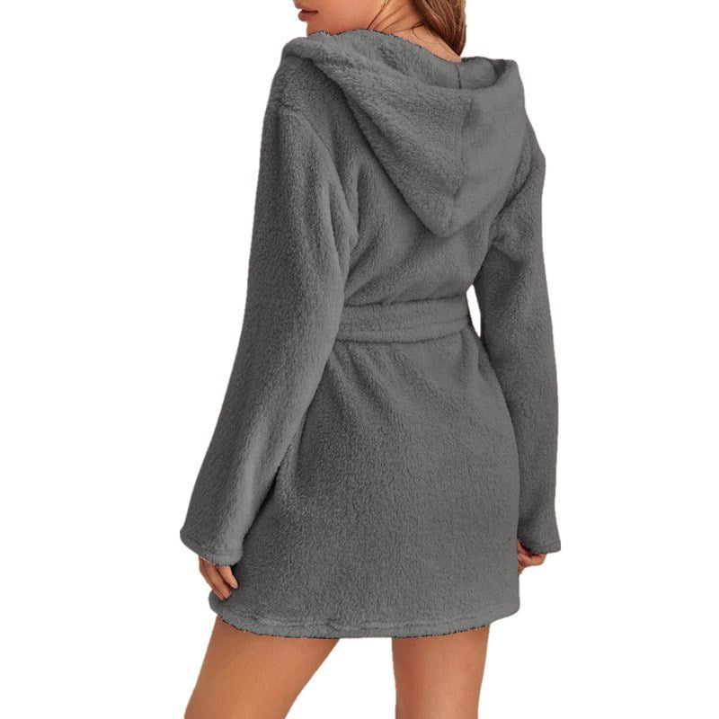 Dark Grey M Size Women's Ultra-Thick Plush Robe with Large Hood & Pockets  - Warm Winter Double-Layer Sherpa Fleece Lounge, Bathrobe & Nightwear
