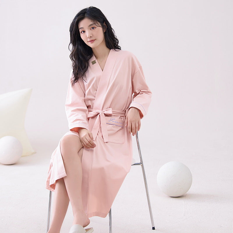 Pink  M size Women's Cotton Robe — Autumn/Winter Bathrobe & Morning Gown | Long Sleeve, Mid-Length, Plus Size | Loose, Comfortable, and Machine Washable | Suitable for All Seasons