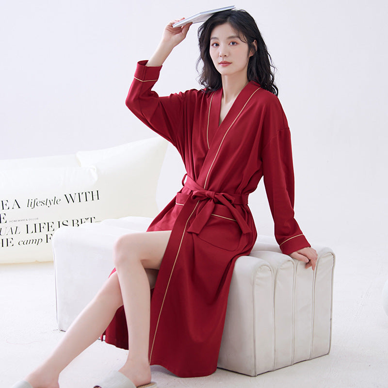 Red L size Women's Cotton Robe — Autumn/Winter Bathrobe & Morning Gown | Long Sleeve, Mid-Length, Plus Size | Loose, Comfortable, and Machine Washable | Suitable for All Seasons
