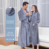 White 2XL size Plush Flannel Robe for Couples - Thickened Warm Bathrobe with Shawl Collar, Soft Fleece Material, Unisex Long Style for Winter Home Wear